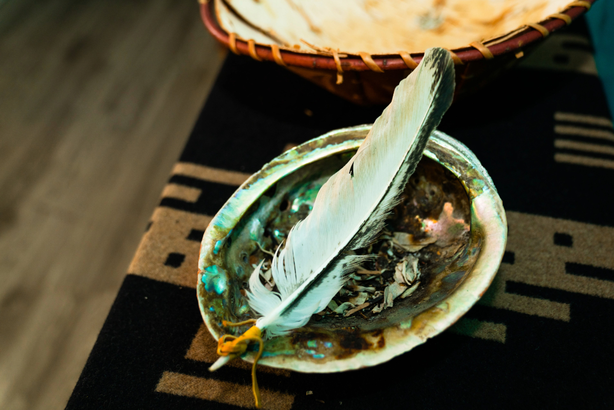Coquillage contenant de la sauge et une plume, utilisé dans une pratique de purification au sein d’un Centre d’amitié