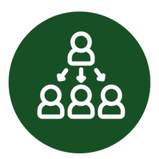 Icône représentant la gouvernance avec une personne reliée à trois autres par des flèches, sur fond vert