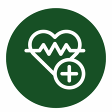 Icône blanche représentant un cœur avec un tracé de fréquence cardiaque et un signe « plus » sur fond vert, symbole de santé et de mieux-être
