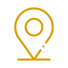 Icône jaune d’un repère de localisation, représentant les coordonnées d’adresse du RCAAQ.