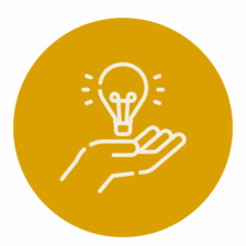 Icône minimaliste d’une main ouverte portant une ampoule lumineuse, représentant la génération d’idées, l’innovation et la créativité.
