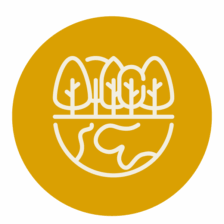 Icône minimaliste montrant la planète Terre avec une forêt, représentant la durabilité, la biodiversité et la protection de l’environnement.