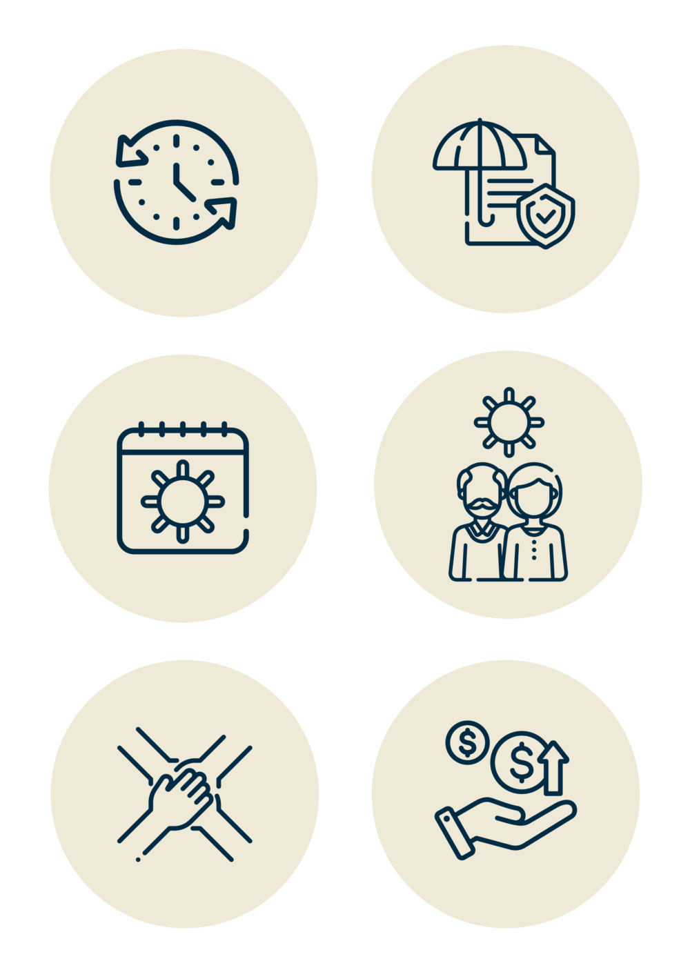 Icônes illustrant les avantages sociaux offerts par le RCAAQ.