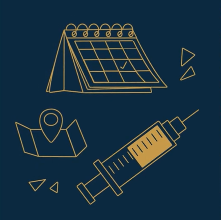 Illustration d’une seringue, d’un calendrier et d’une carte pour représenter la vaccination et la prise de rendez-vous